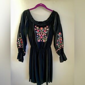 Black Colorful Flower Embroidered Off Shoulder Mini Dress M Prairie Cottagecore